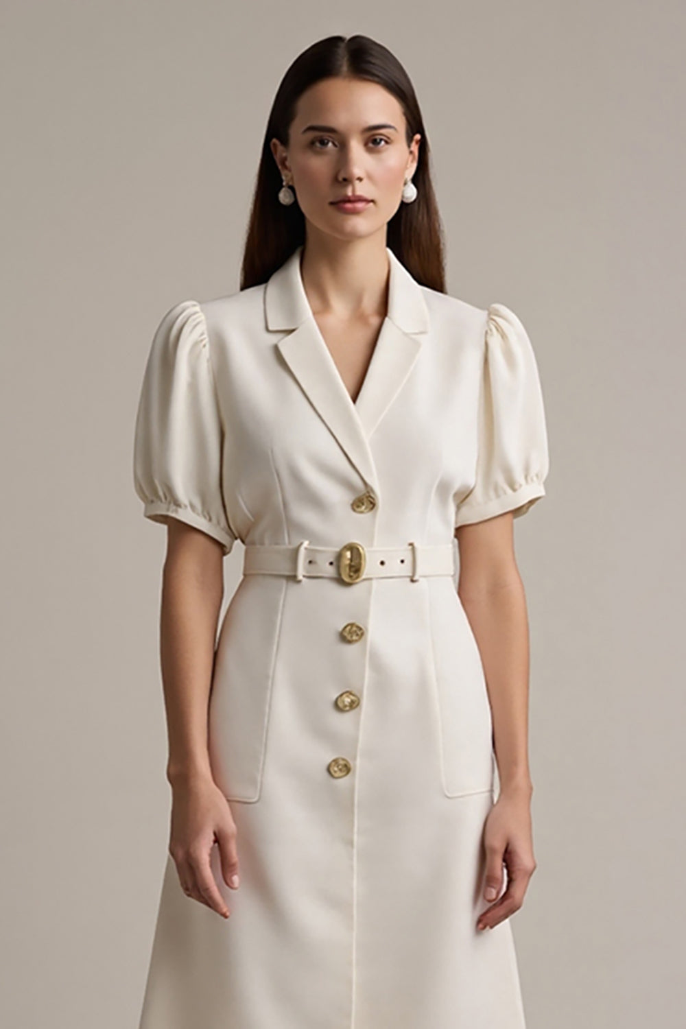 Midi Ivory Notched Lapel Short Sleeves A Line Blazer Dress with Belt