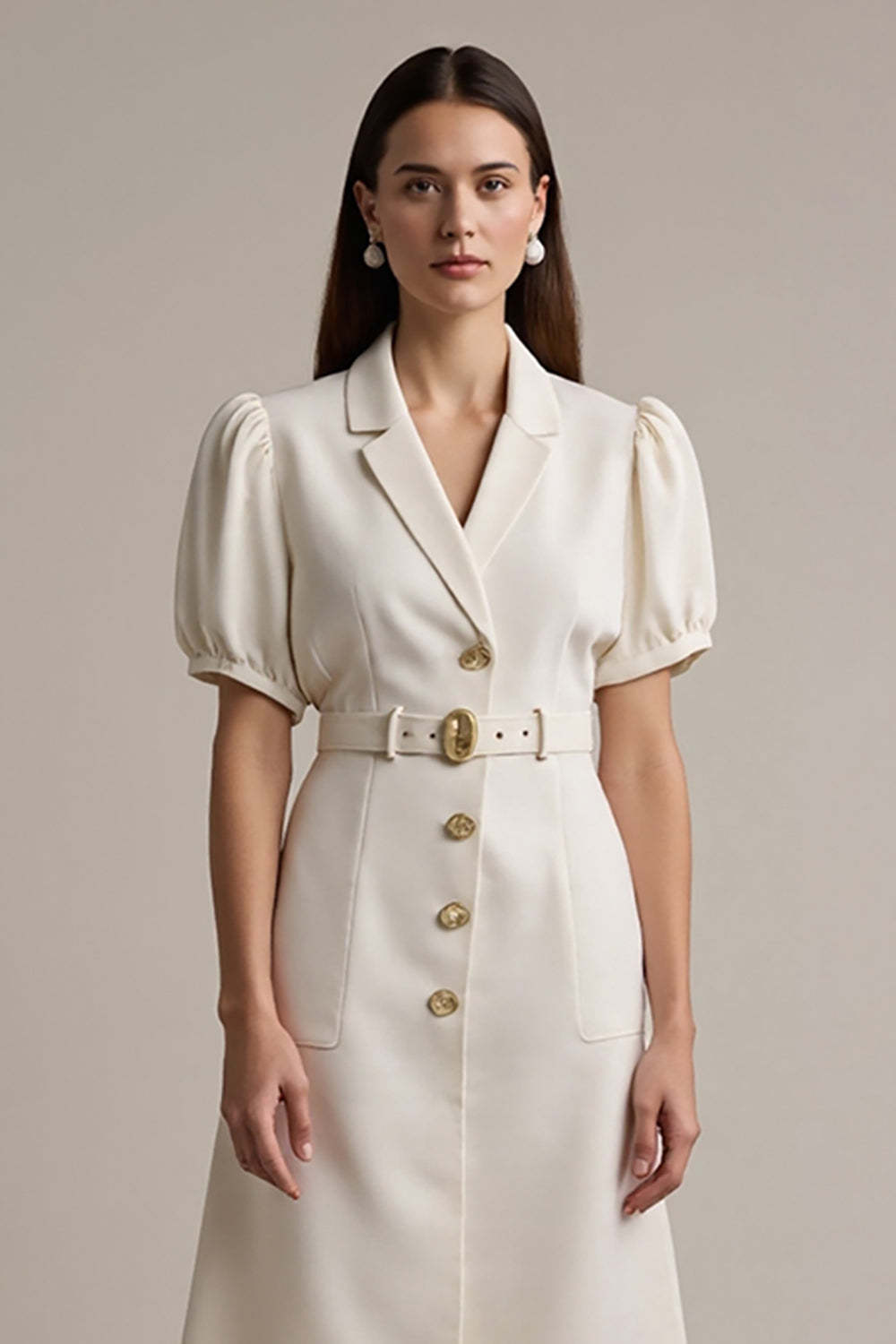 Midi Ivory Notched Lapel Short Sleeves A Line Blazer Dress with Belt