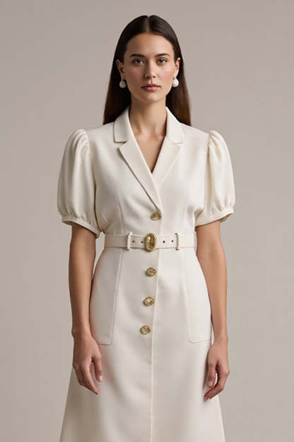 Midi Ivory Notched Lapel Short Sleeves A Line Blazer Dress with Belt