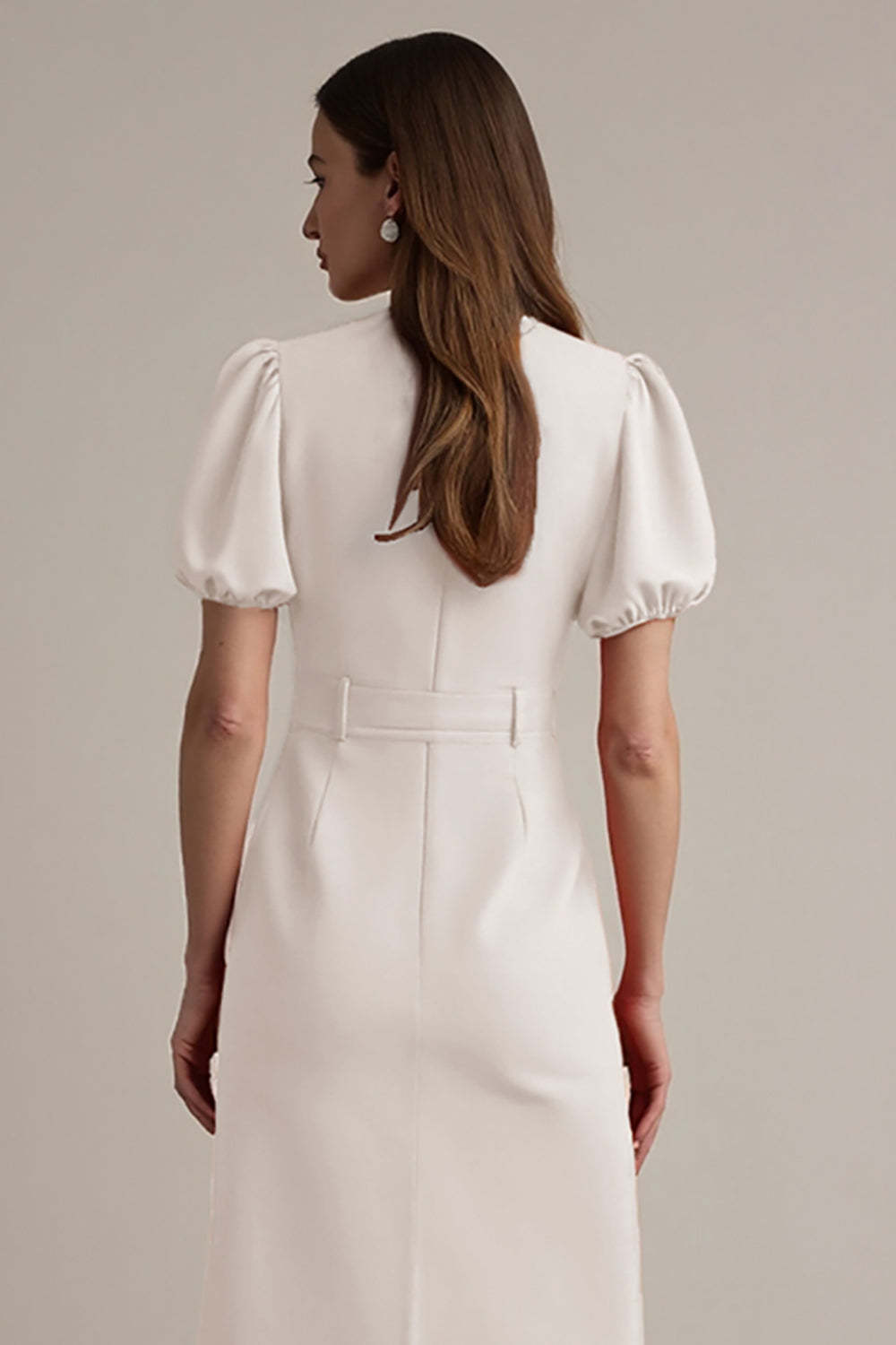 Midi Ivory Notched Lapel Short Sleeves A Line Blazer Dress with Belt