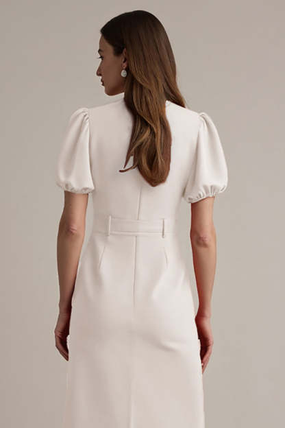 Midi Ivory Notched Lapel Short Sleeves A Line Blazer Dress with Belt