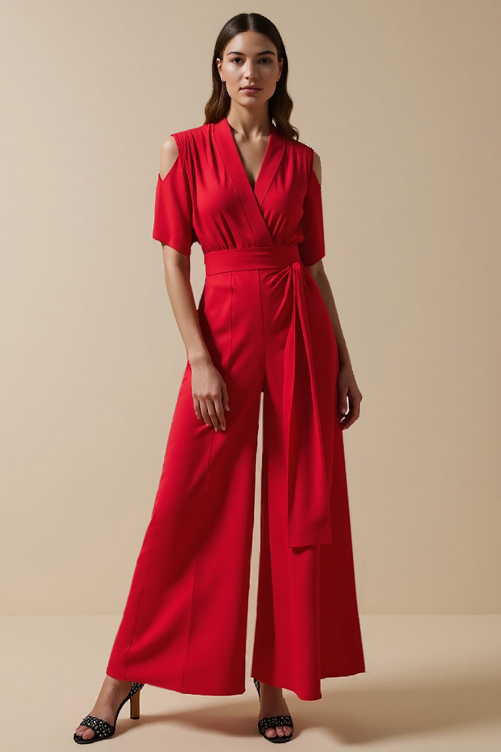 Leely Women Red Maxi Work Jumpsuits with Sash V-Neck Cut Out Short Sleeves Business Rompers