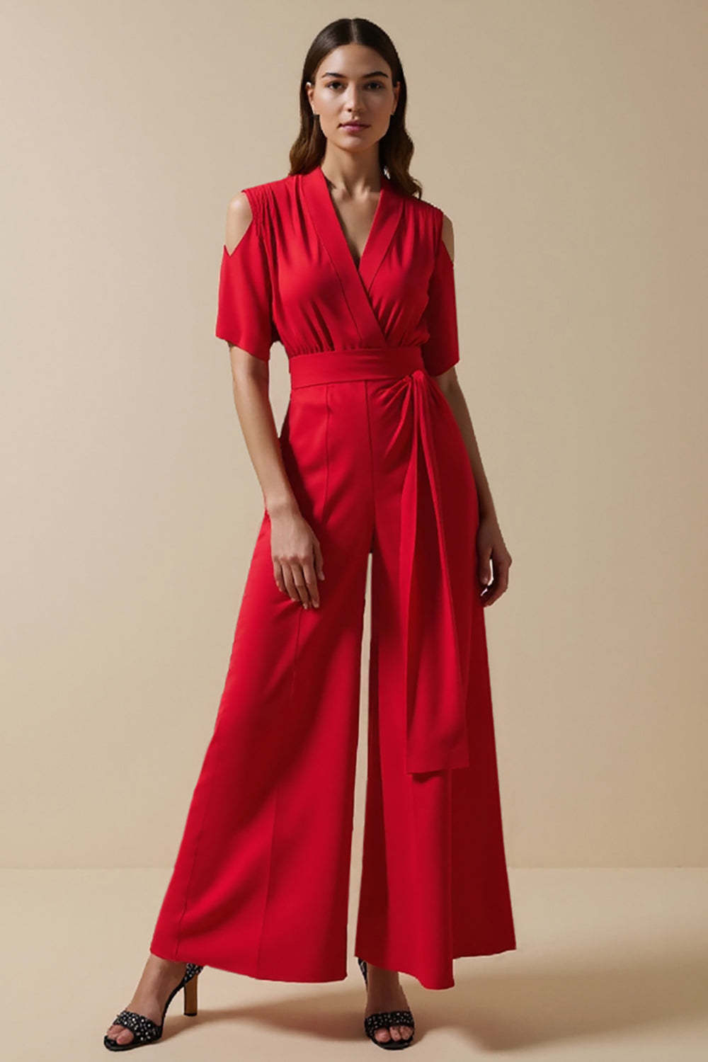 Leely Women Red Maxi Work Jumpsuits with Sash V-Neck Cut Out Short Sleeves Business Rompers