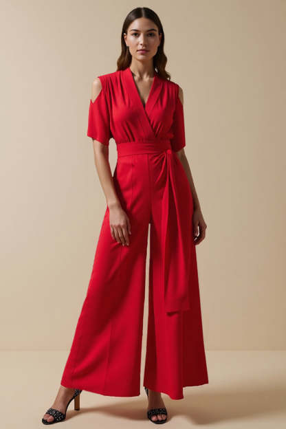 Leely Women Red Maxi Work Jumpsuits with Sash V-Neck Cut Out Short Sleeves Business Rompers