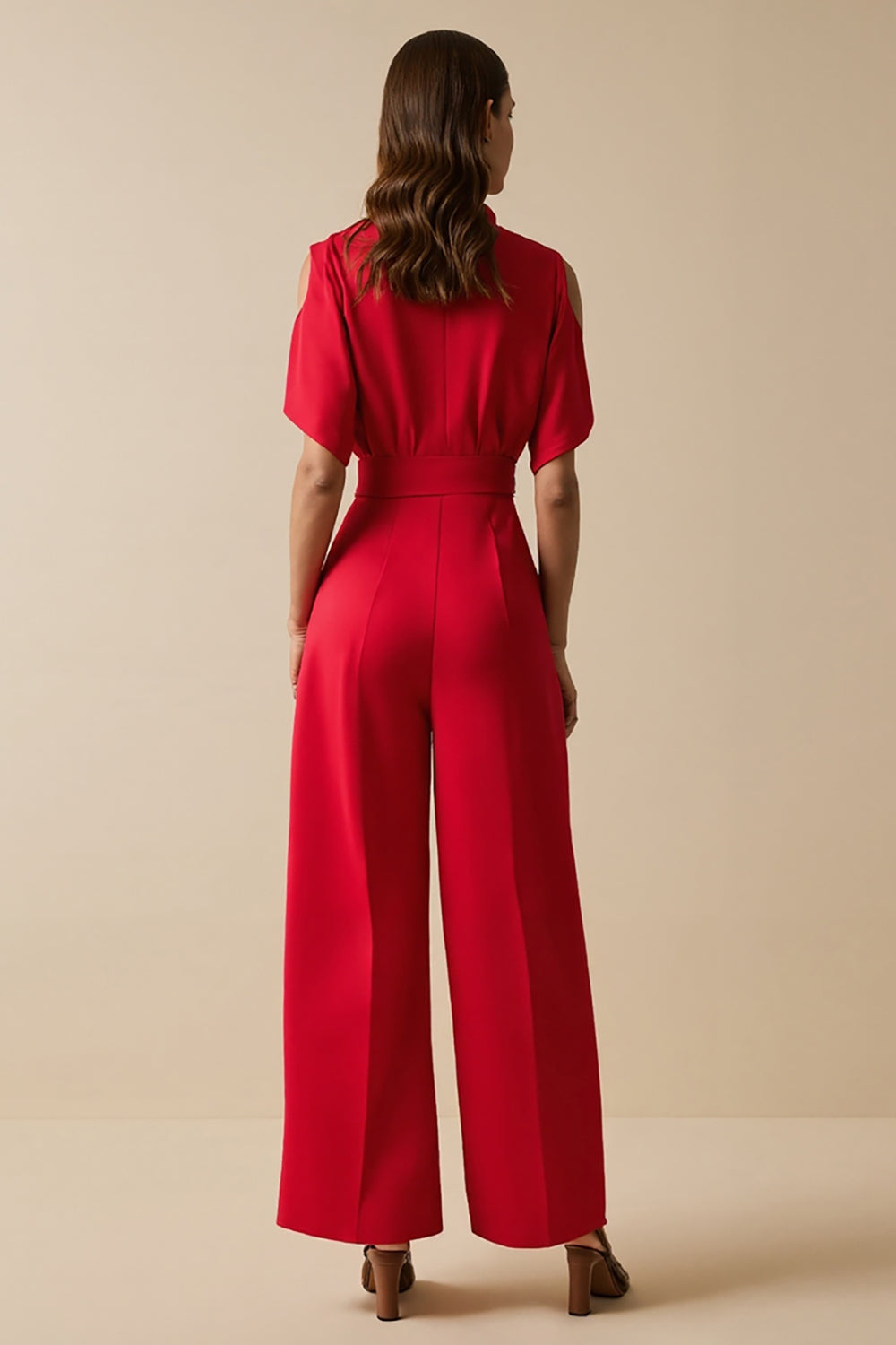 Red V-Neck Short Sleeves Cut Out Work Jumpsuits with Sash