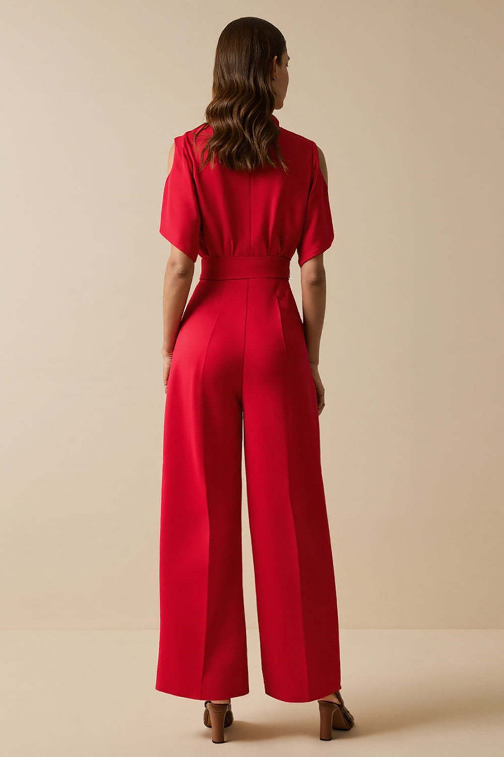 Red V-Neck Short Sleeves Cut Out Work Jumpsuits with Sash