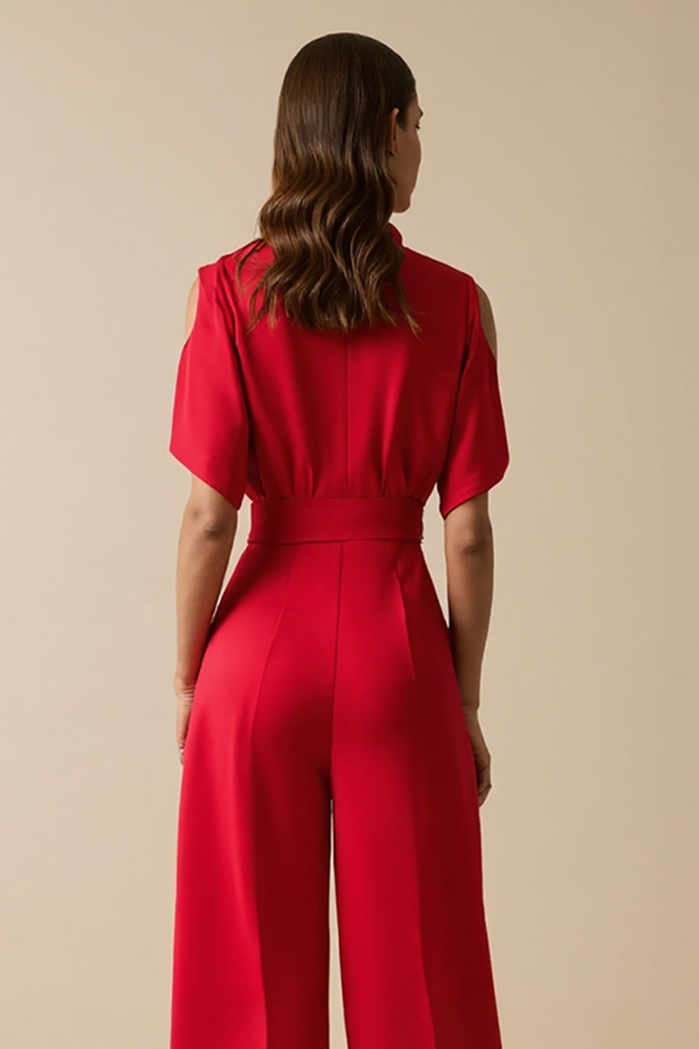 Red V-Neck Short Sleeves Cut Out Work Jumpsuits with Sash
