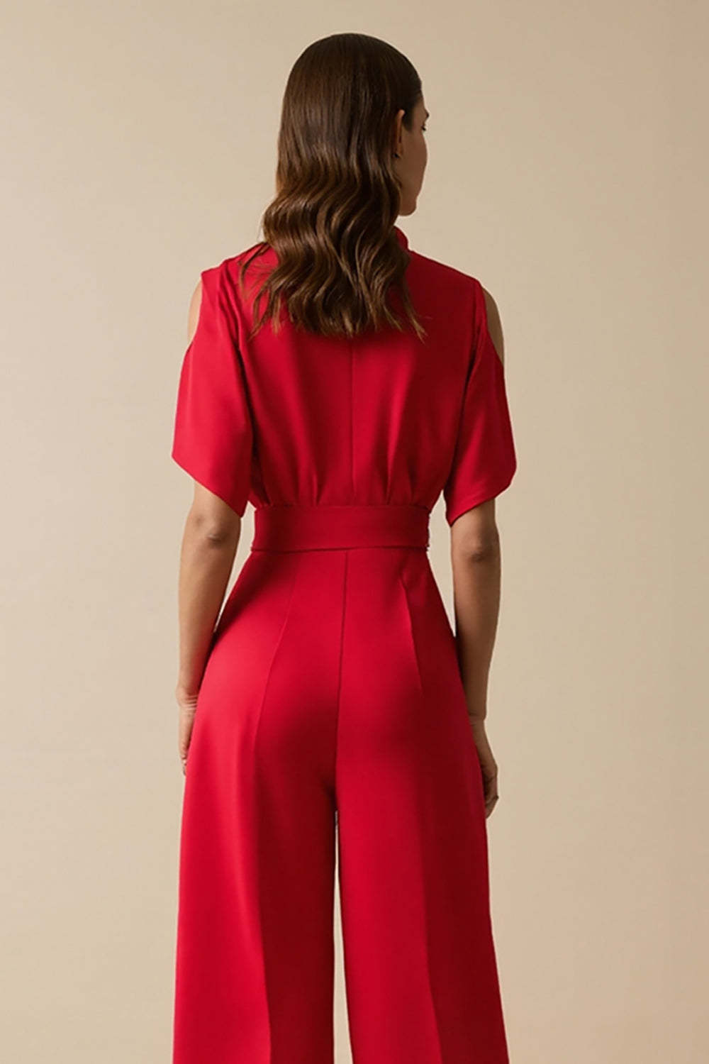 Red V-Neck Short Sleeves Cut Out Work Jumpsuits with Sash