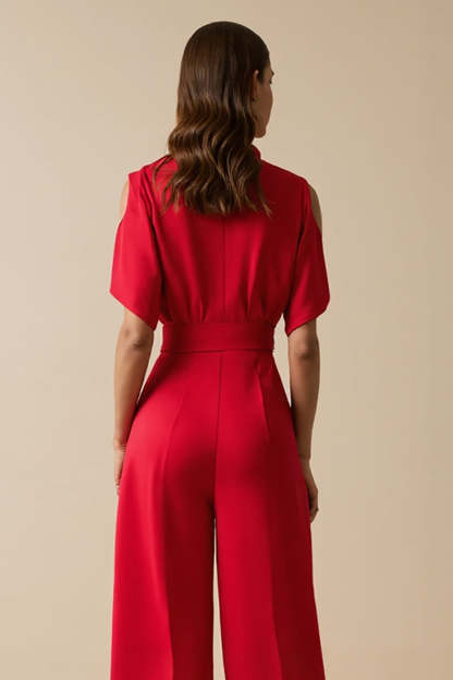 Red V-Neck Short Sleeves Cut Out Work Jumpsuits with Sash