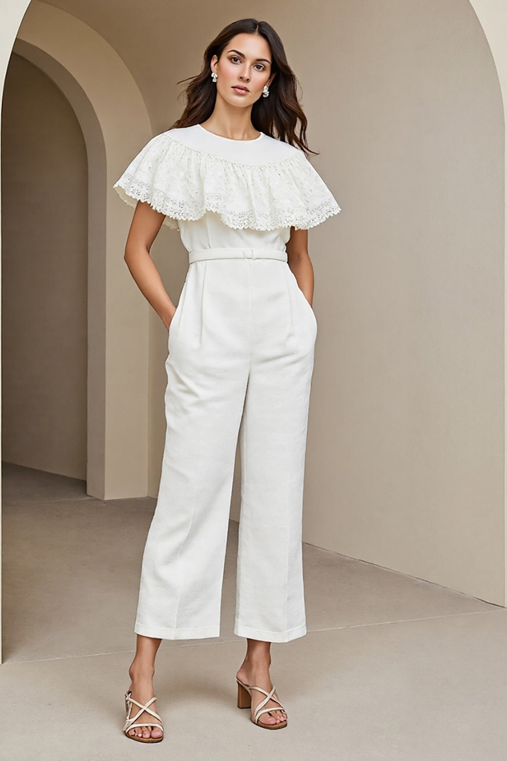 White Round Neck Maxi Work Jumpsuits with Lace