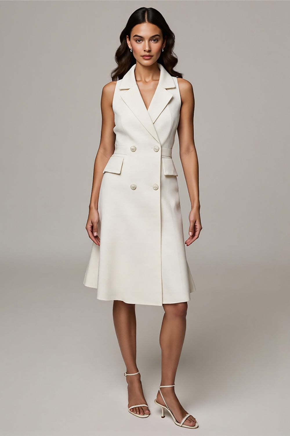 Leely Women Ivory A Line Midi Blazer Dress Double Breasted Notched Lapel Business Dress