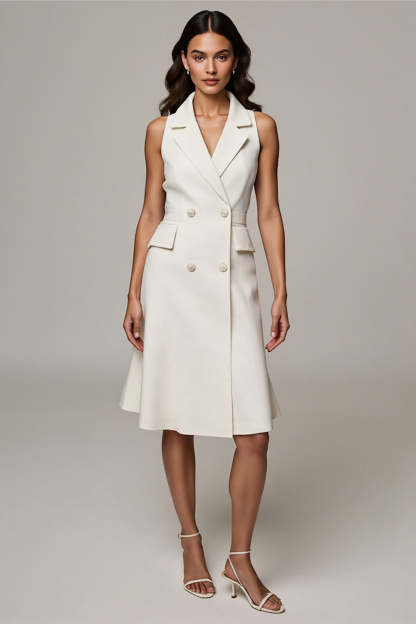 Leely Women Ivory A Line Midi Blazer Dress Double Breasted Notched Lapel Business Dress