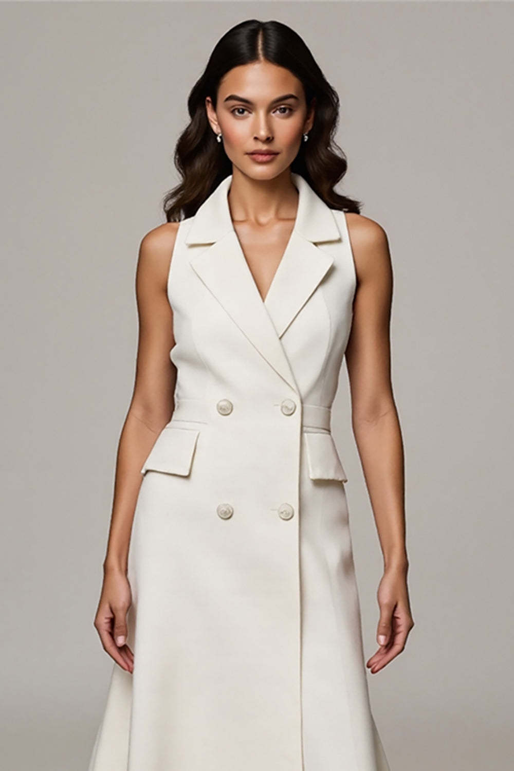 Ivory Midi Notched Lapel A Line Double Breasted Blazer Dress