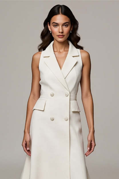 Ivory Midi Notched Lapel A Line Double Breasted Blazer Dress