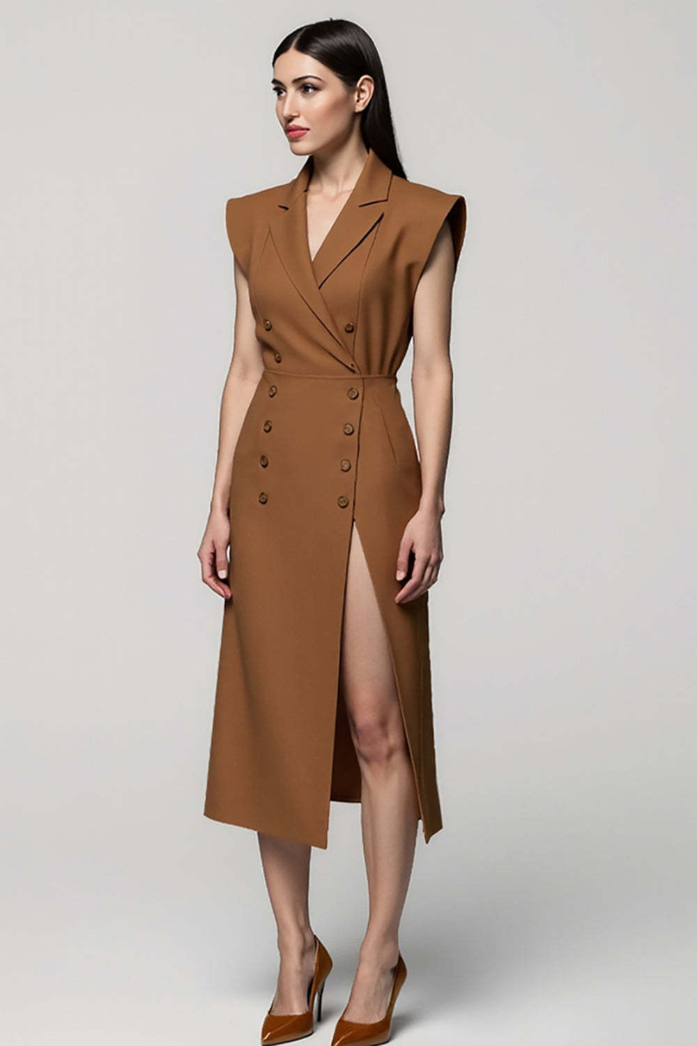 Leely Women Brown Notched Lapel Midi A Line Blazer Dress with Slit Double Breasted Cap Sleeves Business Dress