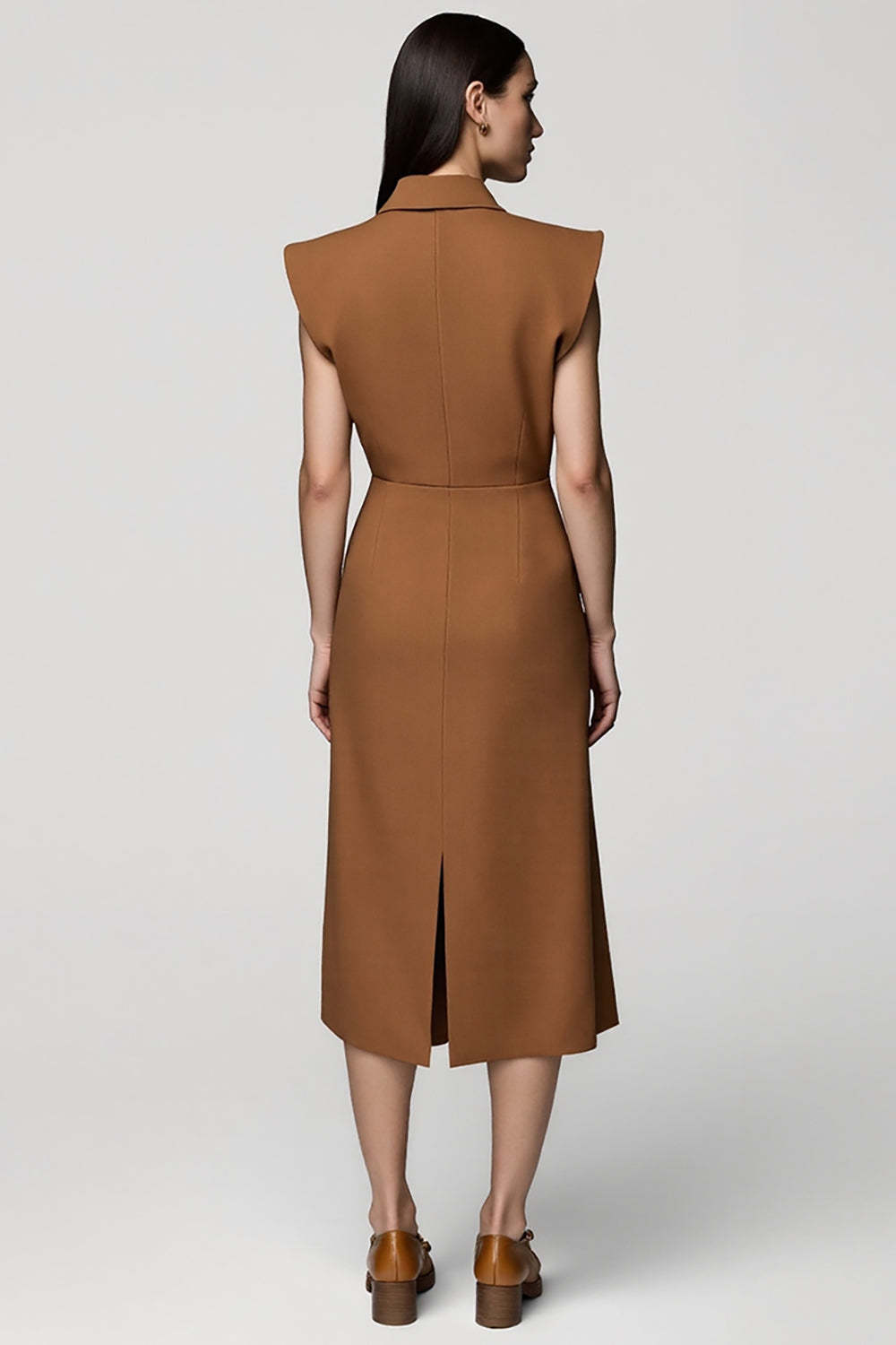 Midi Brown Notched Lapel Double Breasted Blazer Dress with Slit