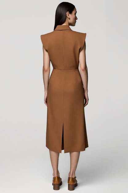 Midi Brown Notched Lapel Double Breasted Blazer Dress with Slit