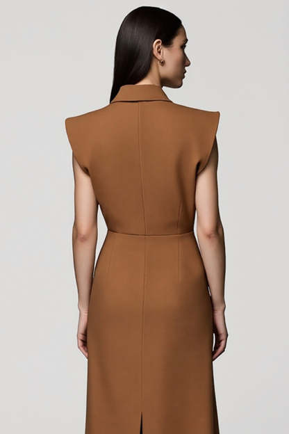 Midi Brown Notched Lapel Double Breasted Blazer Dress with Slit