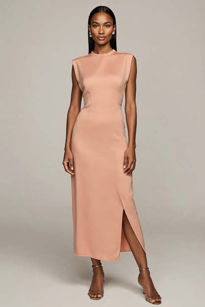Leely Women Blush Satin Maxi Work Dress with Slit Round Neck Pencil Sleeveless Business Dress