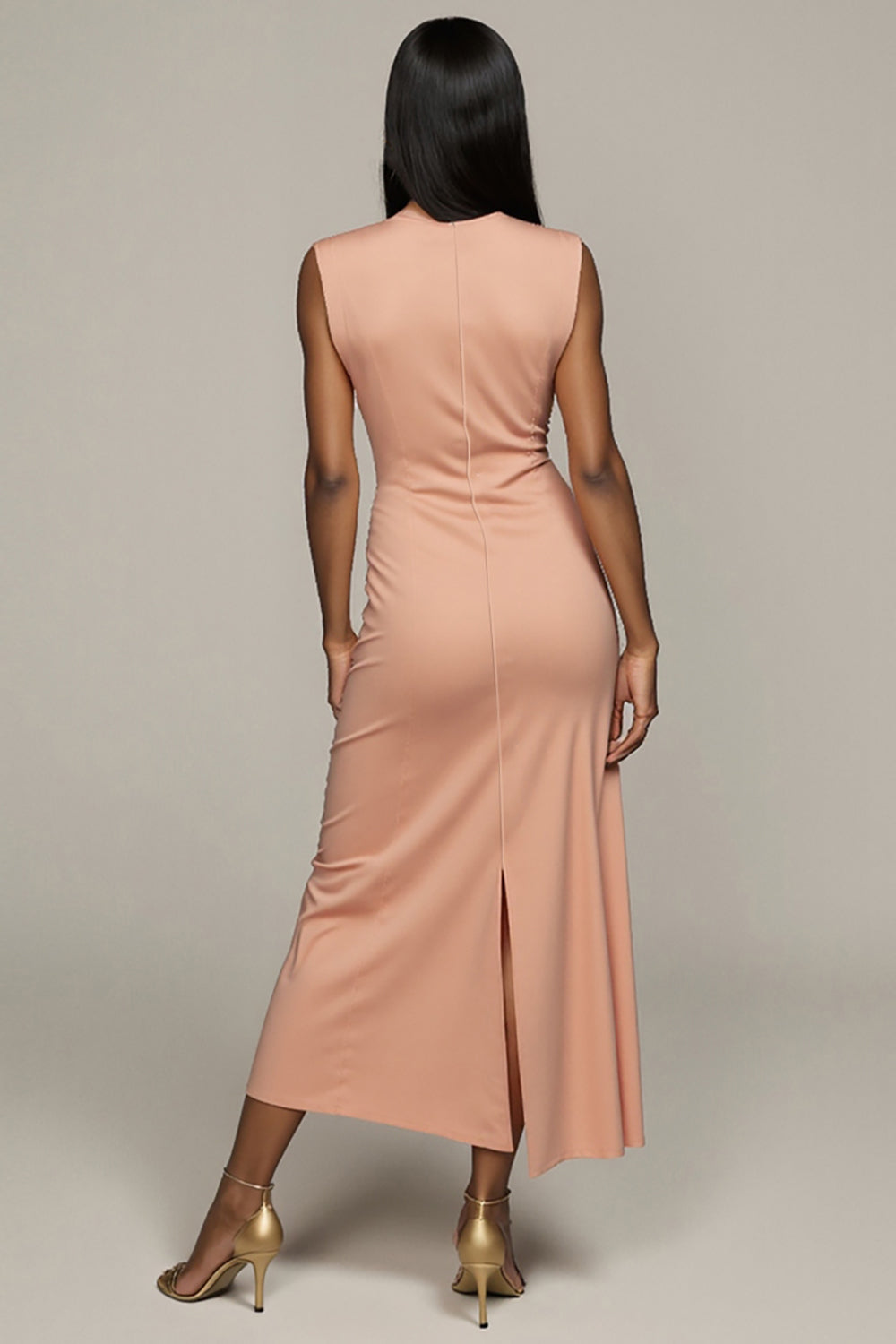 Maxi Blush Satin Round Neck Pencil Work Dress with Slit