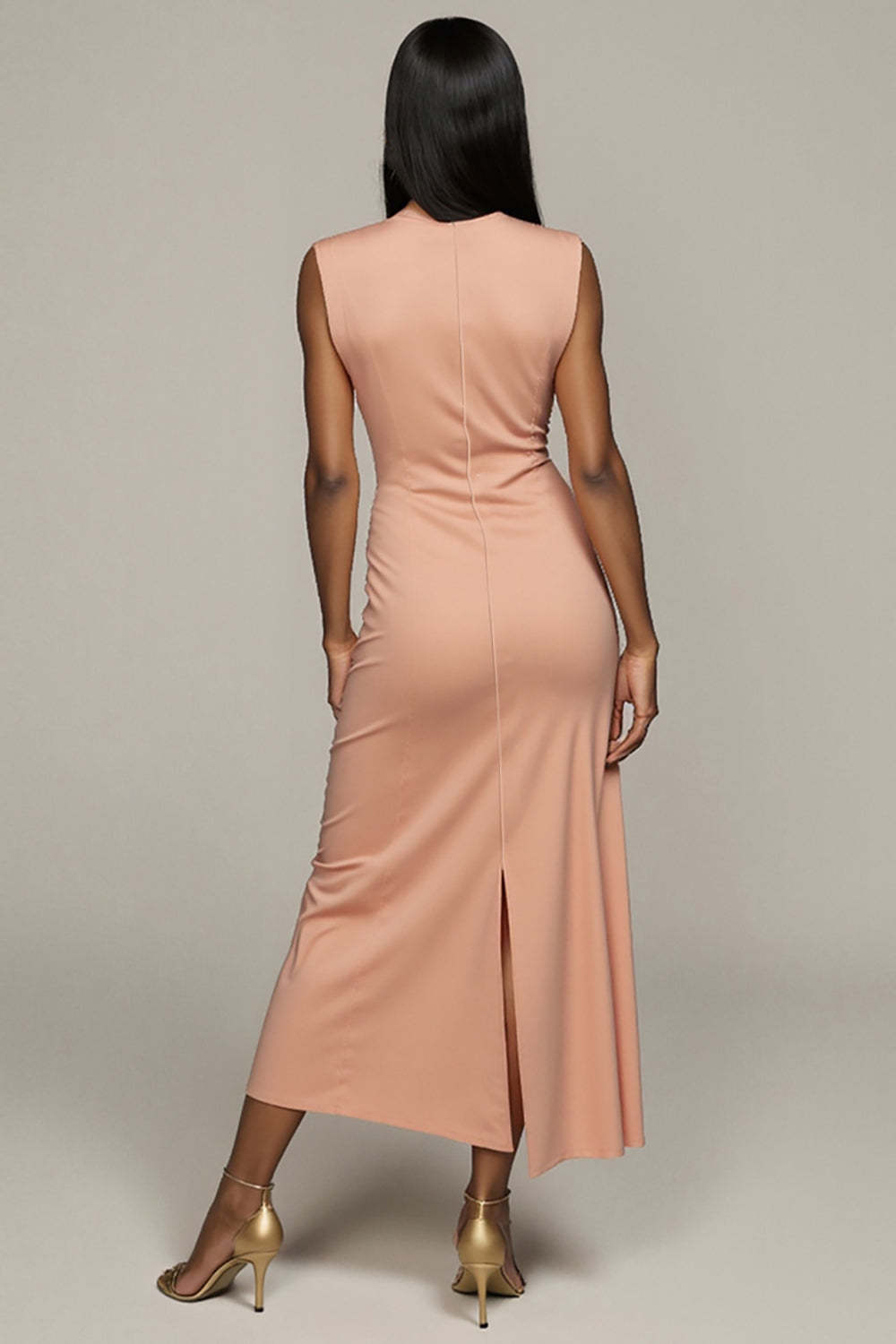 Maxi Blush Satin Round Neck Pencil Work Dress with Slit