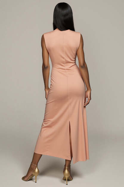 Maxi Blush Satin Round Neck Pencil Work Dress with Slit