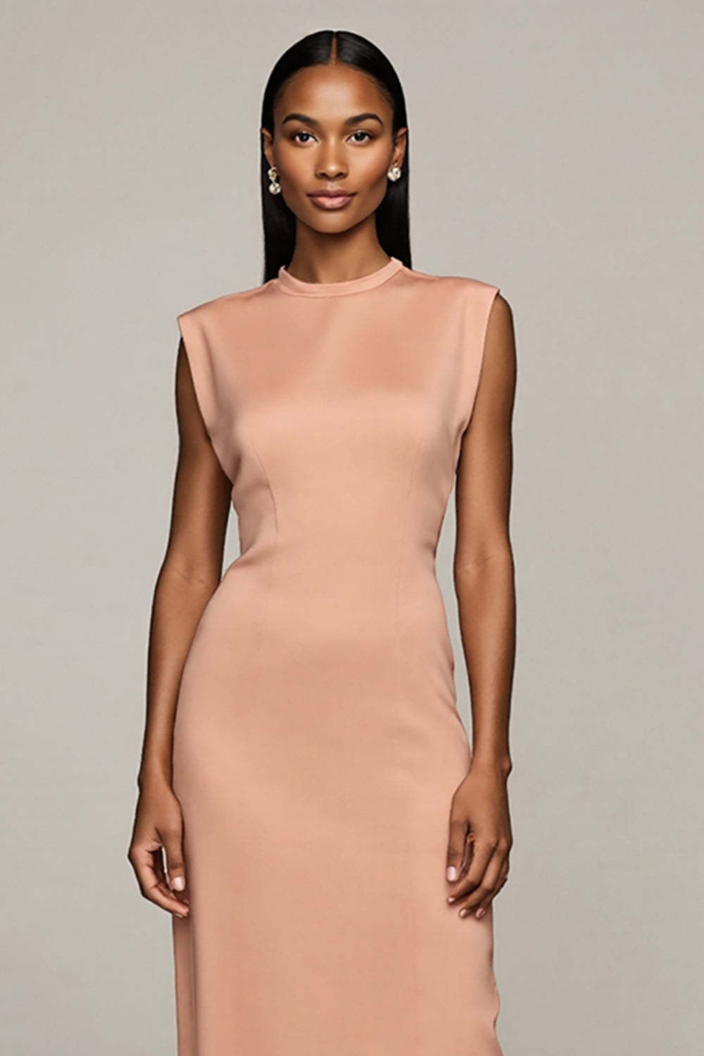 Maxi Blush Satin Round Neck Pencil Work Dress with Slit