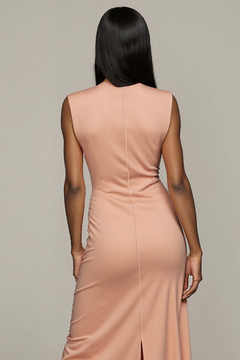 Maxi Blush Satin Round Neck Pencil Work Dress with Slit