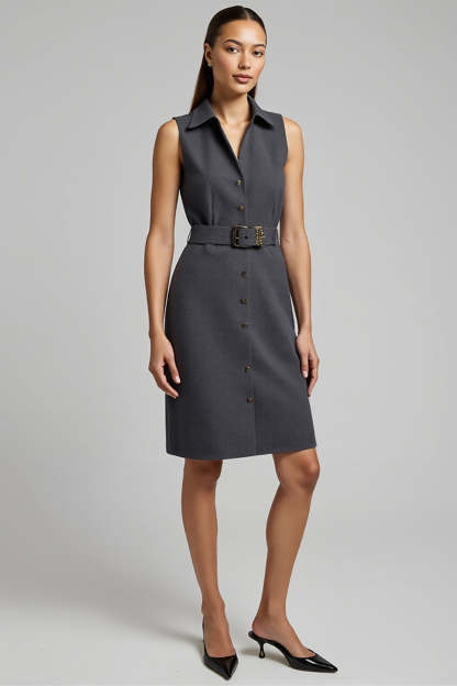 Leely Women Dark Grey Short Pencil Blazer Dress with Belt Single Breasted Sleeveless Business Dress with Buttons