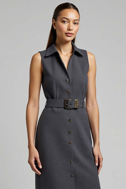 Dark Grey Pencil Single Breasted Sleeveless Short Blazer Dress with Belt