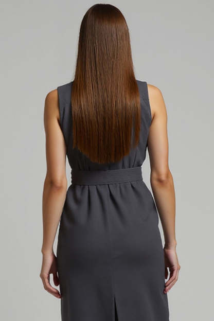 Dark Grey Pencil Single Breasted Sleeveless Short Blazer Dress with Belt
