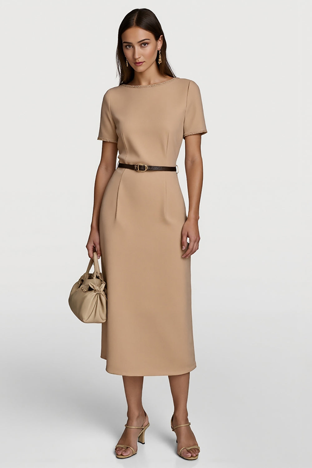 Leely Women Camel Midi Pencil Work Dress with Belt Short Sleeves Boat Neck Business Dress