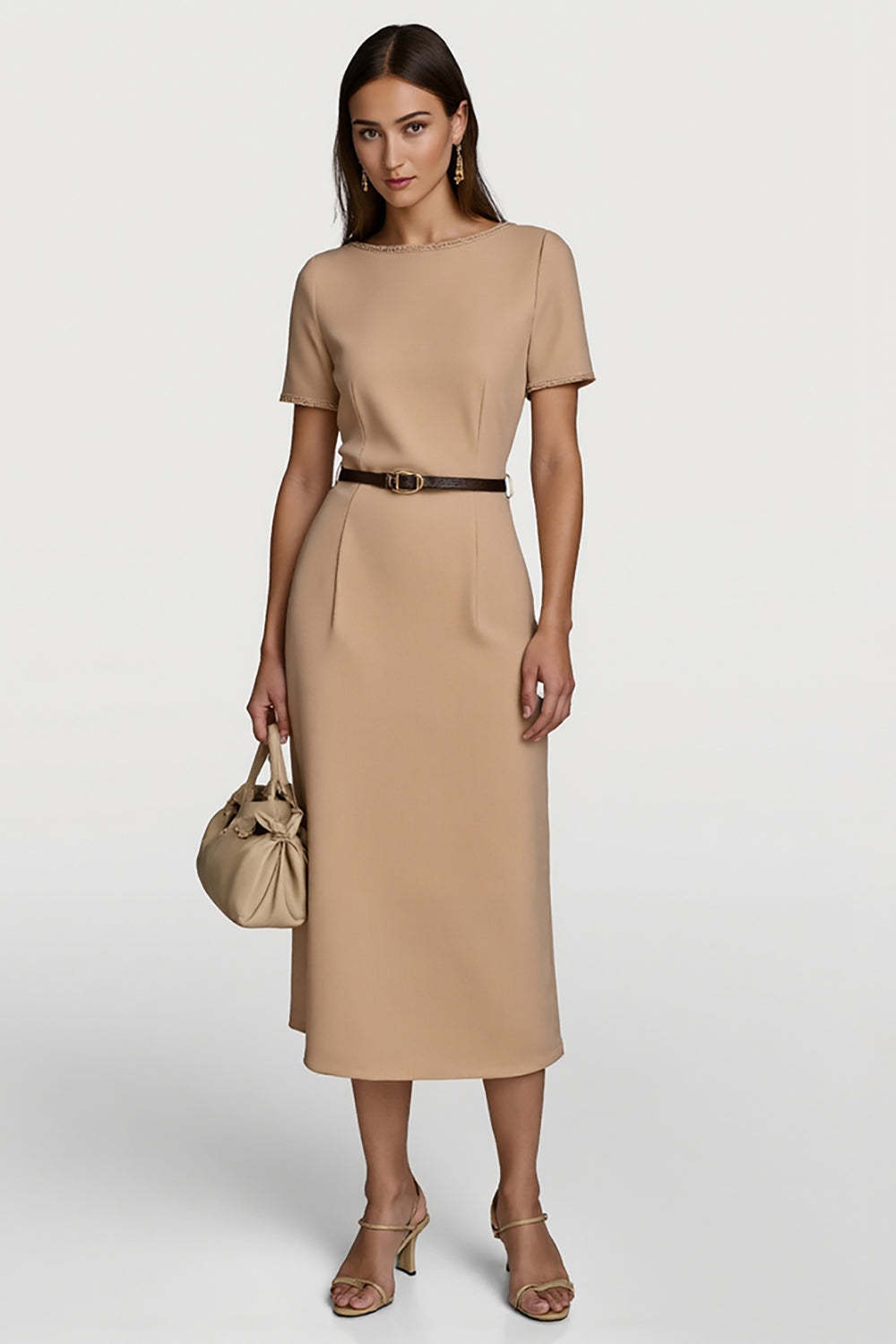 Leely Women Camel Midi Pencil Work Dress with Belt Short Sleeves Boat Neck Business Dress