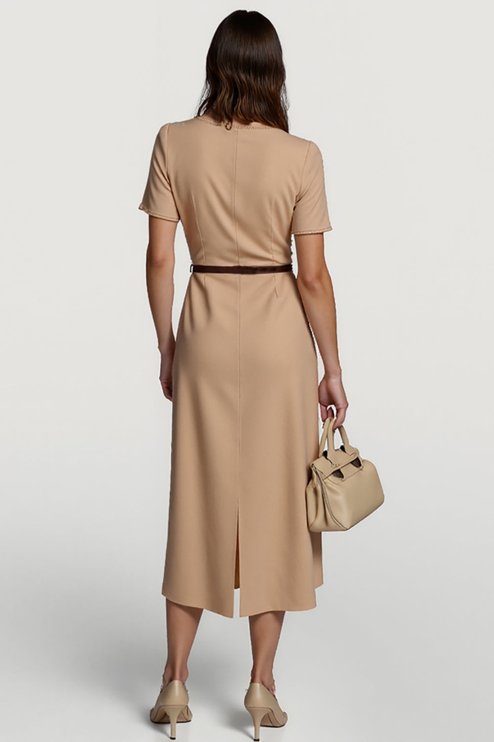 Camel Short Sleeves Boat Neck Pencil Midi Work Dress with Belt