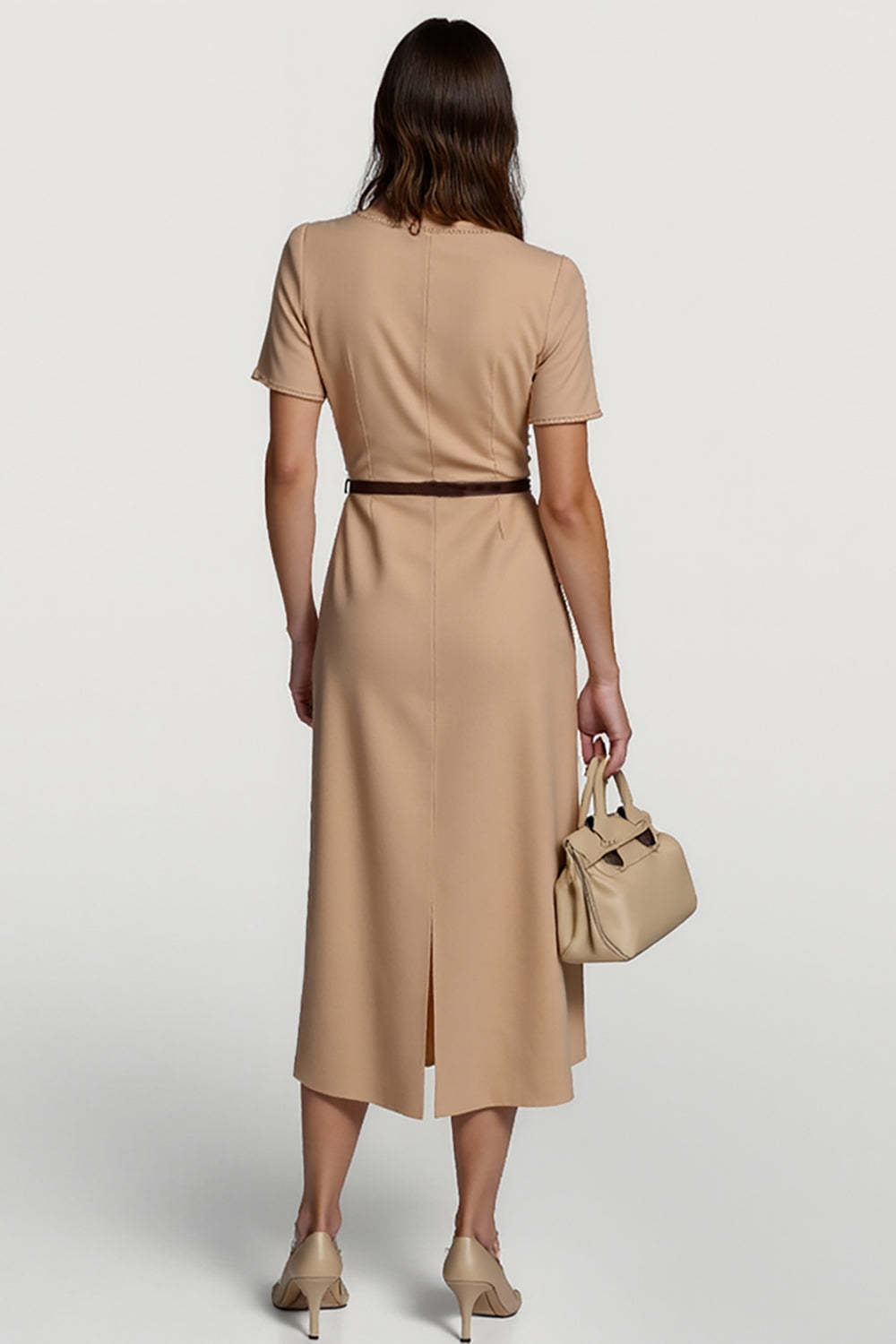 Camel Short Sleeves Boat Neck Pencil Midi Work Dress with Belt