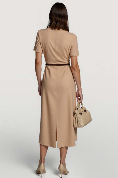 Camel Short Sleeves Boat Neck Pencil Midi Work Dress with Belt