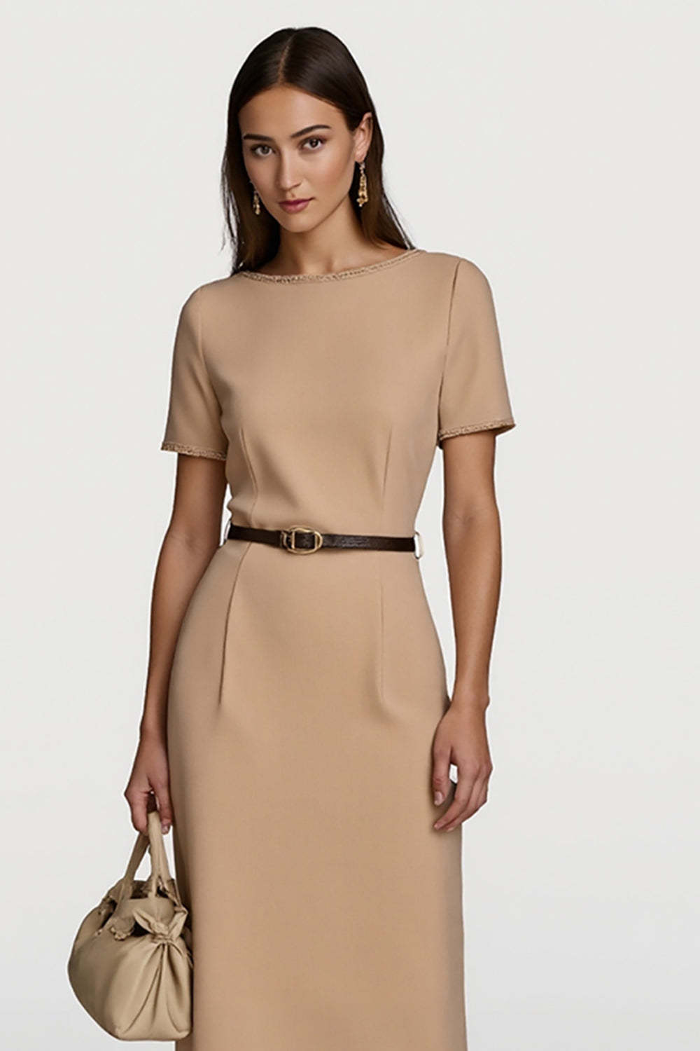 Camel Short Sleeves Boat Neck Pencil Midi Work Dress with Belt