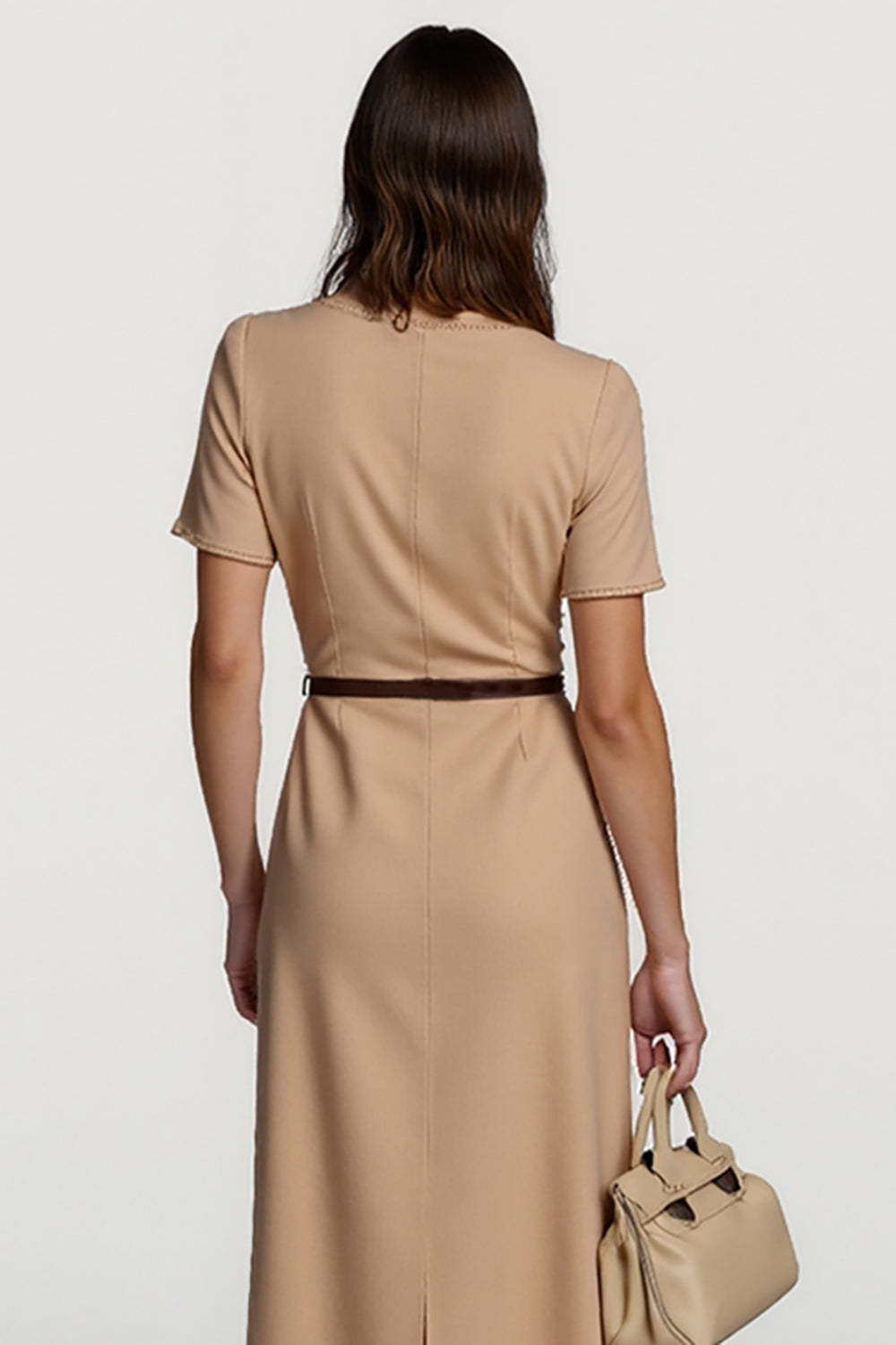 Camel Short Sleeves Boat Neck Pencil Midi Work Dress with Belt
