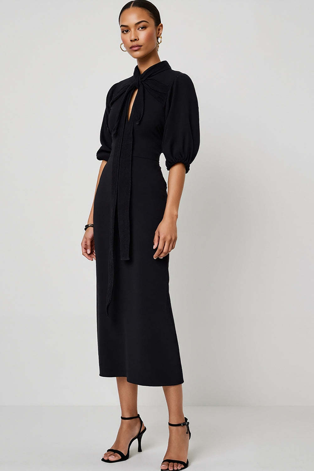 Leely Women Black Maxi Pencil Work Dress with Keyhole Half Sleeves Business Dress with Sash