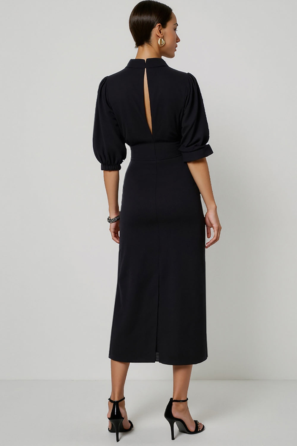 Black Half Sleeves Pencil Keyhole Maxi Work Dress