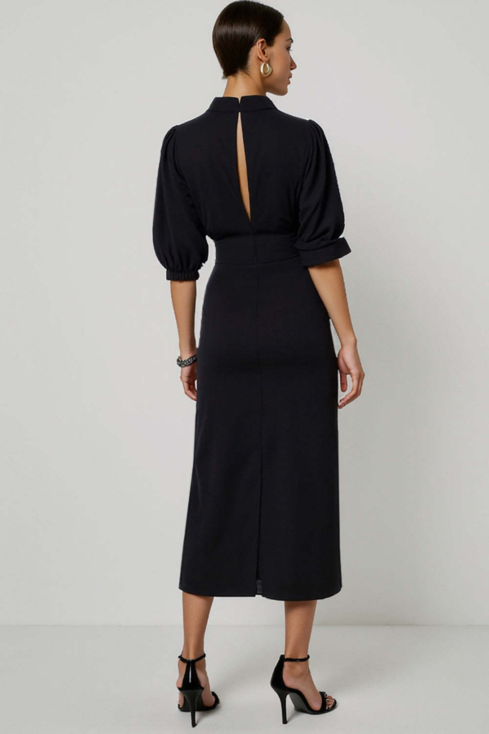 Black Half Sleeves Pencil Keyhole Maxi Work Dress
