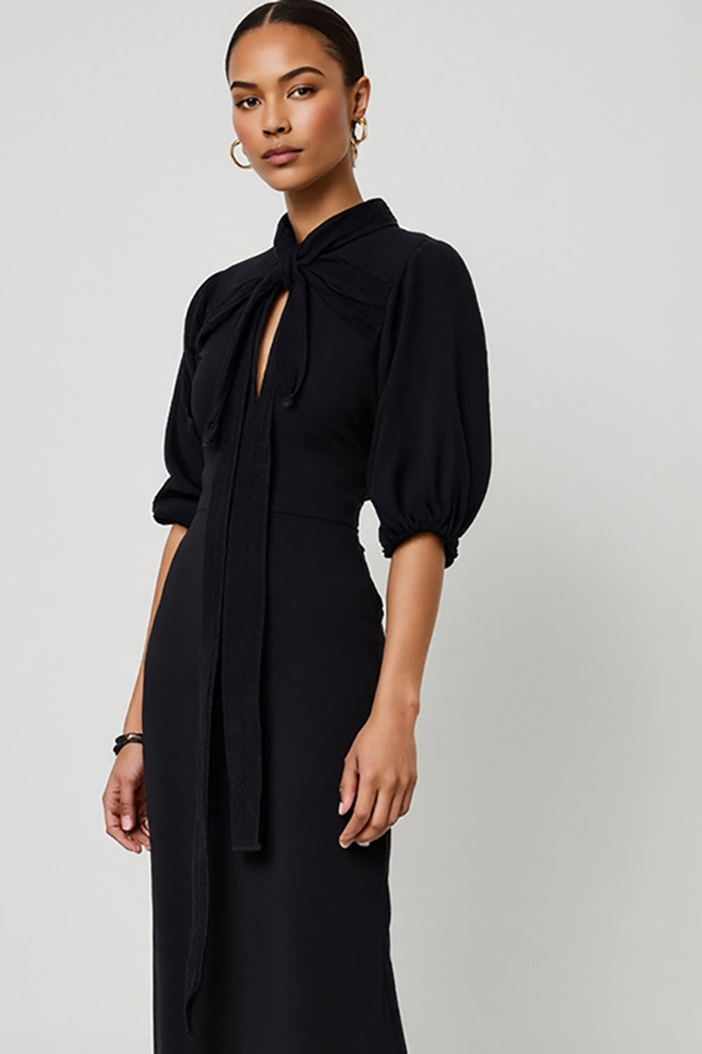 Black Half Sleeves Pencil Keyhole Maxi Work Dress
