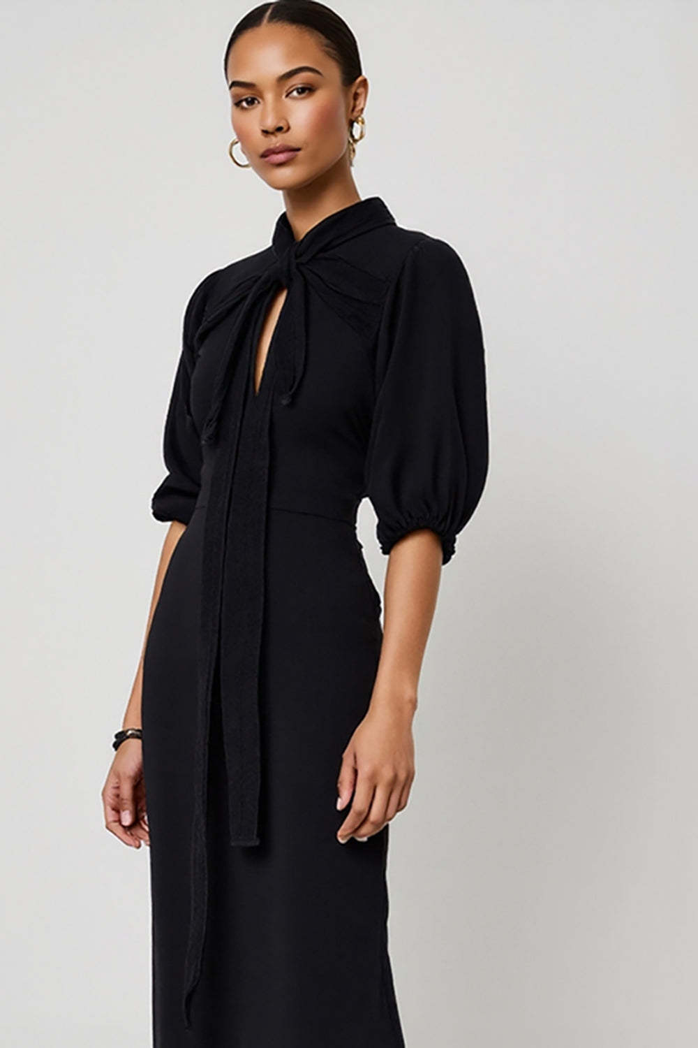 Black Half Sleeves Pencil Keyhole Maxi Work Dress