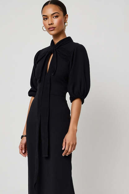 Black Half Sleeves Pencil Keyhole Maxi Work Dress