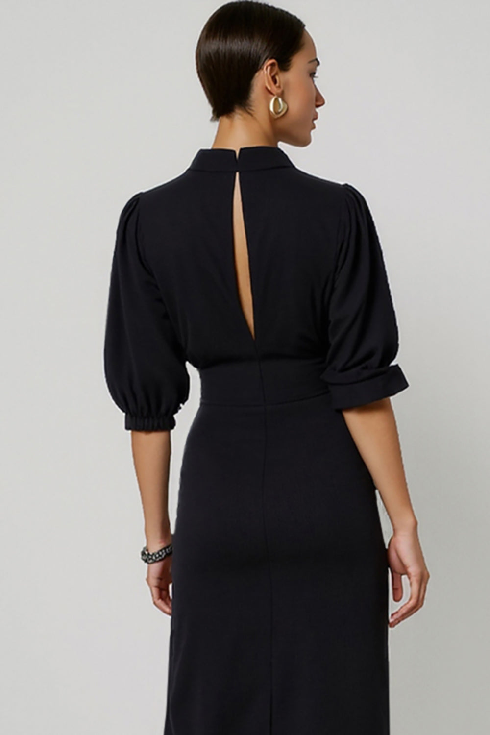 Black Half Sleeves Pencil Keyhole Maxi Work Dress