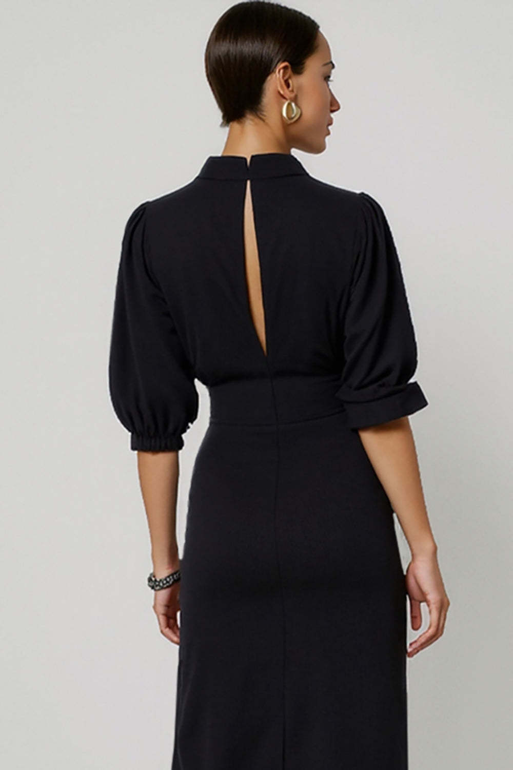 Black Half Sleeves Pencil Keyhole Maxi Work Dress