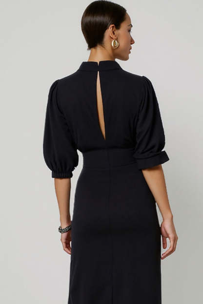 Black Half Sleeves Pencil Keyhole Maxi Work Dress