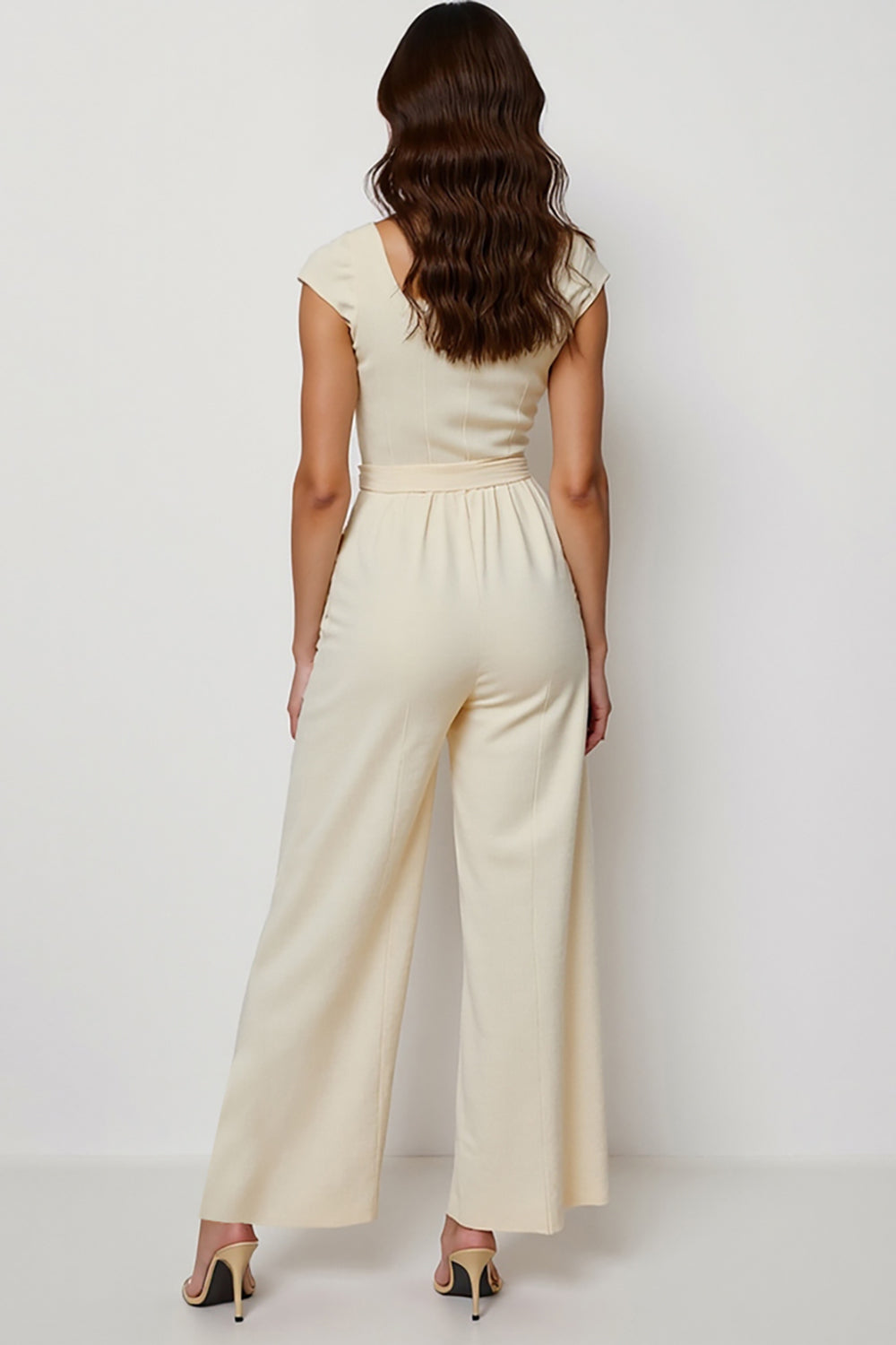 Apricot Square Neck Cap Sleeves Work Jumpsuits with Sash