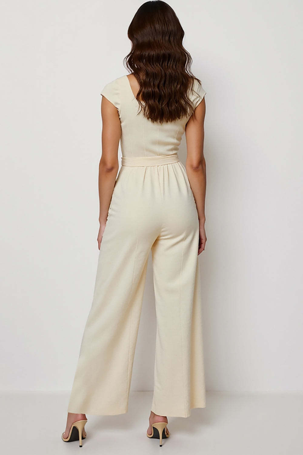 Apricot Square Neck Cap Sleeves Work Jumpsuits with Sash