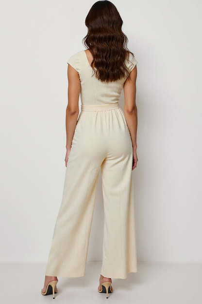 Apricot Square Neck Cap Sleeves Work Jumpsuits with Sash